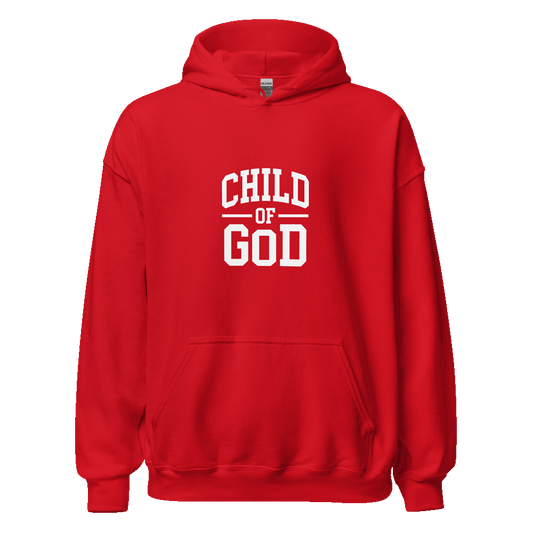 Unisex Child of God Hoodie with faith-based text design, in premium cotton blend, shown on hanger for streetwear styling