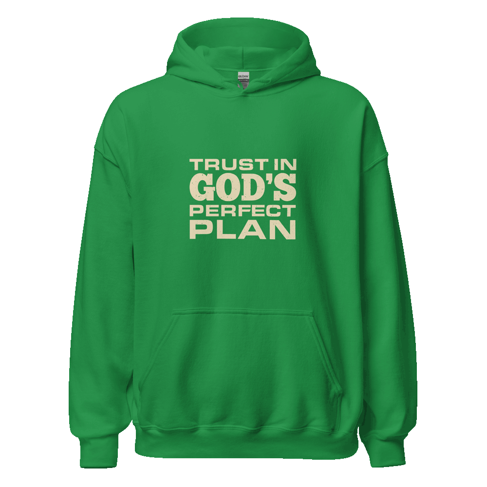 Unisex Trust in God's Perfect Plan Hoodie with faith-inspired message in eco-friendly cotton blend, ideal for casual, faith-based style.