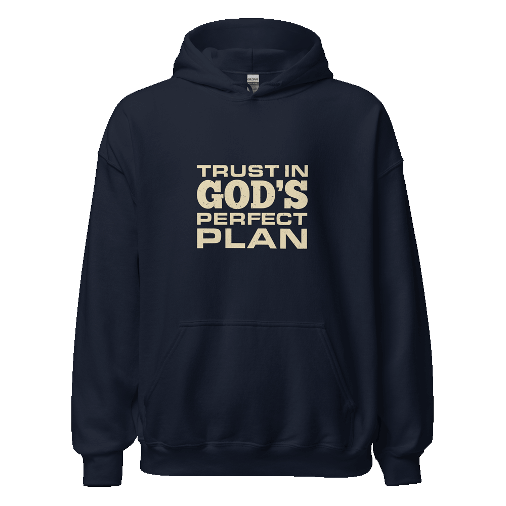 Unisex Trust in God's Perfect Plan Hoodie with faith-inspired message in eco-friendly cotton blend, ideal for casual, faith-based style.